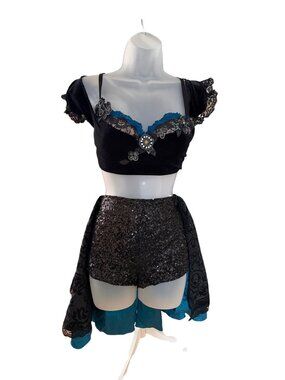 Custom Made Two-Piece Black Velvet & Sequin Lace Embellished Costume Set Sz M